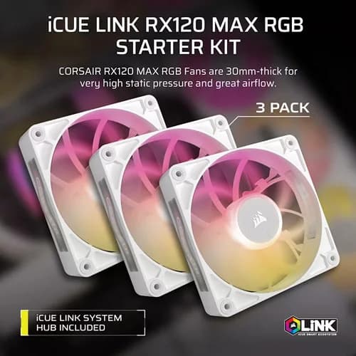 CORSAIR iCUE LINK RX120 MAX RGB 120mm Cabinet Fan – White (Triple Pack)